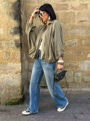 Satin Pleated Bomber Zipper Coat