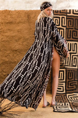 Print Kimono Loose Long Sleeve Boho Dress