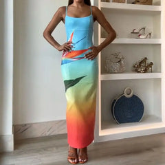 Sequined Leaves Slit Contrast Vacation Dress