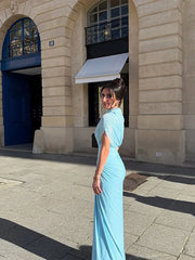 Blue Shawl Pleated A-line Maxi Dress
