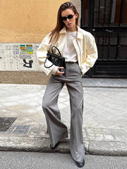 White Zipper Lapel Long Sleeve Coat