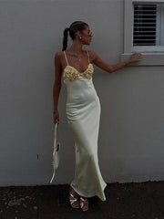 Yellow Floral Satin Slip Maxi Dress