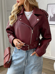 PU Lapel Zipper Motorcycle Coat