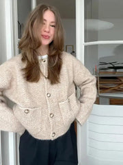 Pocket O-neck Short Knit Cardigan