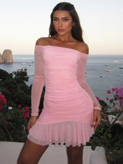Pink Off Shoulder Ruched Mini Dress