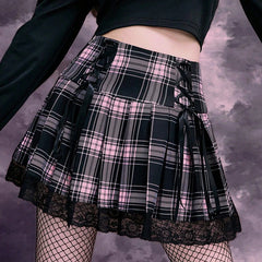 Pink Plaid Lace Pleated Mini Skirt