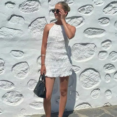 Lace Up Halter Pleated Hip Mini Dress