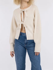 Ribbed Tie Front Solid Knit Cardigan