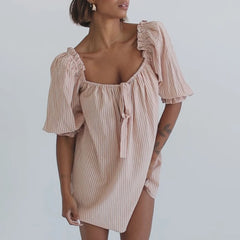 Puff Sleeve Plaid Bow Vacation Dress