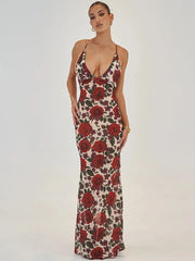 Backless Deep V Neck Lace Up Printed Vacation Dress