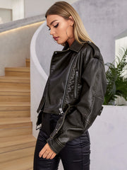 Zipper Lapel Short Leather Coat