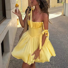 Yellow Halter Belt Pleated Mini Dress