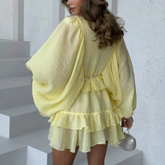 Pleated Ruffle Long Sleeve Mini Dress