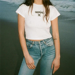 Zodiac Ribbed Cropped Cap Sleeve T-shirt