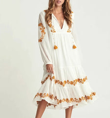 Deep V Neck Long Sleeve Embroidery Boho Dress