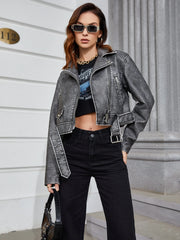 Zipper Short Faux PU Leather Coat