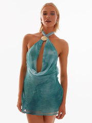 Tie Dye Halter Backless Hollow Out Off-shoulder Vacation Dress