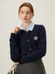 Fake Two-piece Deep Blue Knit Cardigan