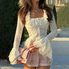 White Lace Ruffled Crop Top Blouse