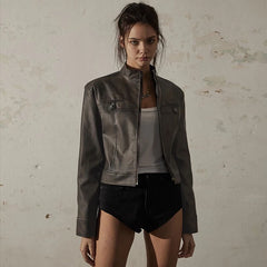 Slim Leather Zipper Button Coat