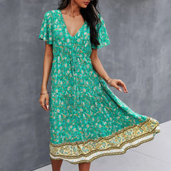 Floral Cotton Bohemian V Neck Summer Boho Dress