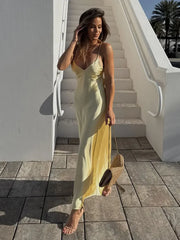 Yellow Satin Backless Sling Midi Dress