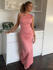 Slanted Collar Halter Ruched Maxi Dress