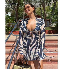 V Neck Zebra Print Ruffled Bodycon Dress