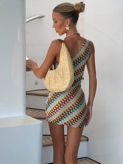 Knitted Backless Slanted Shoulder Mini Boho Dress