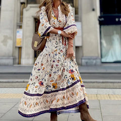 V-neck Floral Casual Loose Short Sleeve Boho Dress