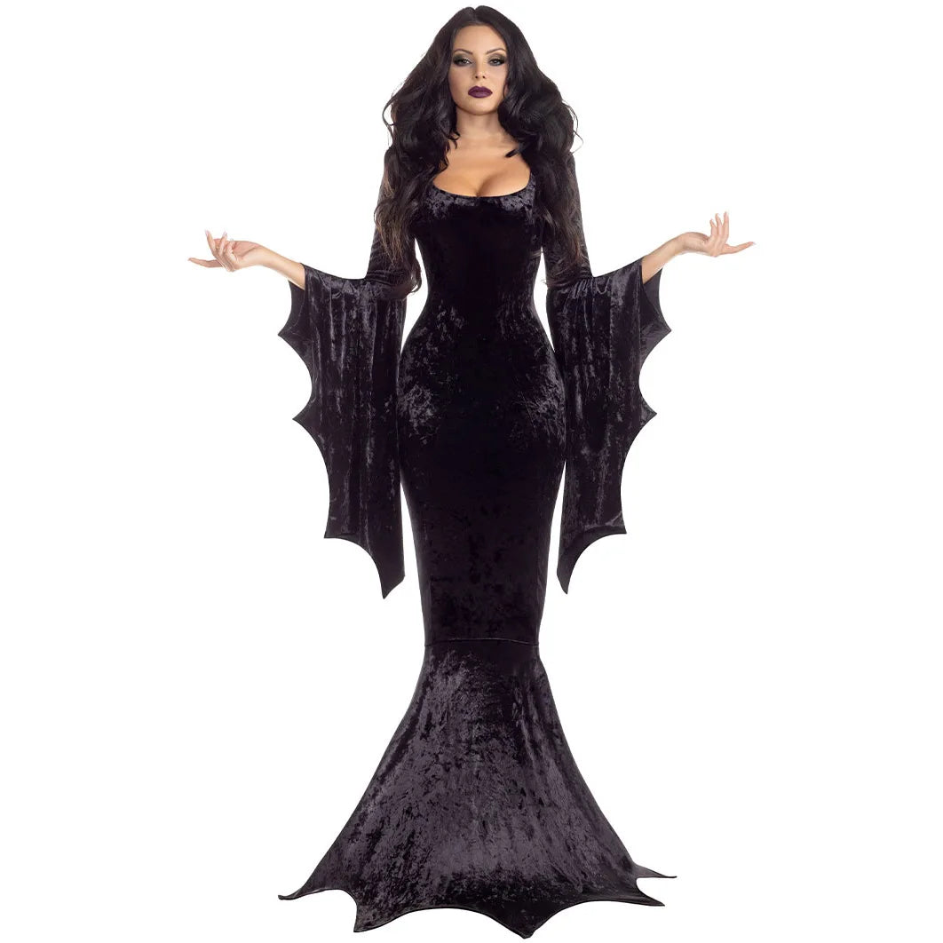 Velvet Women Black Gothic Morticia Mermaid Costume Vintage Cosplay Halloween Dress