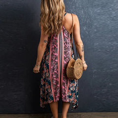 Sleeveless Backless Floral Printed Cotton Boho Dress
