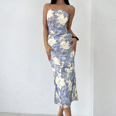 Strapless Blue Slim Fit Floral Dress