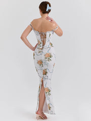 Off Shoulder Backless Maxi Floral Dress