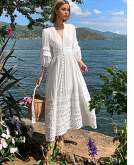 Vintage V-neck Cotton Floral Lace Boho Dress