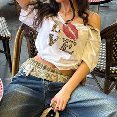 Leopard Letter Loose Street V-neck T-shirt