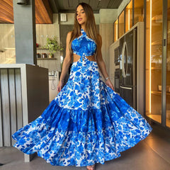 Printed V Neck Hanging Neck Sleeveless Boho Dress