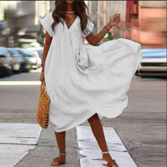 Cotton Linen Oversize Loose V-neck Boho Dress