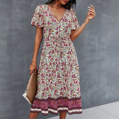 Floral Cotton Bohemian V Neck Summer Boho Dress