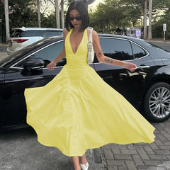 Deep V Neck Halter Pleated Prom Dress
