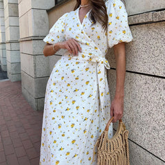 Floral V Neck A Line Slit Midi Dress