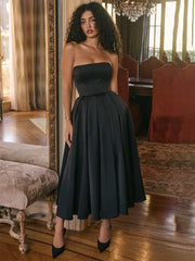 Pleated Strapless A-Line Midi Dress