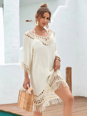 Beige Tassel Crochet Backless Boho Dress