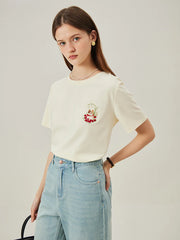 Cat Embroidered Beige Loose T-shirt