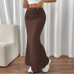 Solid Slim Fishtail Fold Skirt