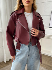 PU Lapel Zipper Motorcycle Coat