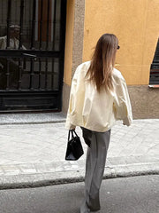 White Zipper Lapel Long Sleeve Coat