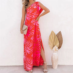 One Shoulder Sleeveless Slit Boho Sundress