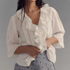 Ruffle Trim Swiss Dot Blouse