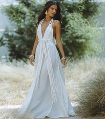 Deep V Neck Backless Rope Lace-up Boho Dress